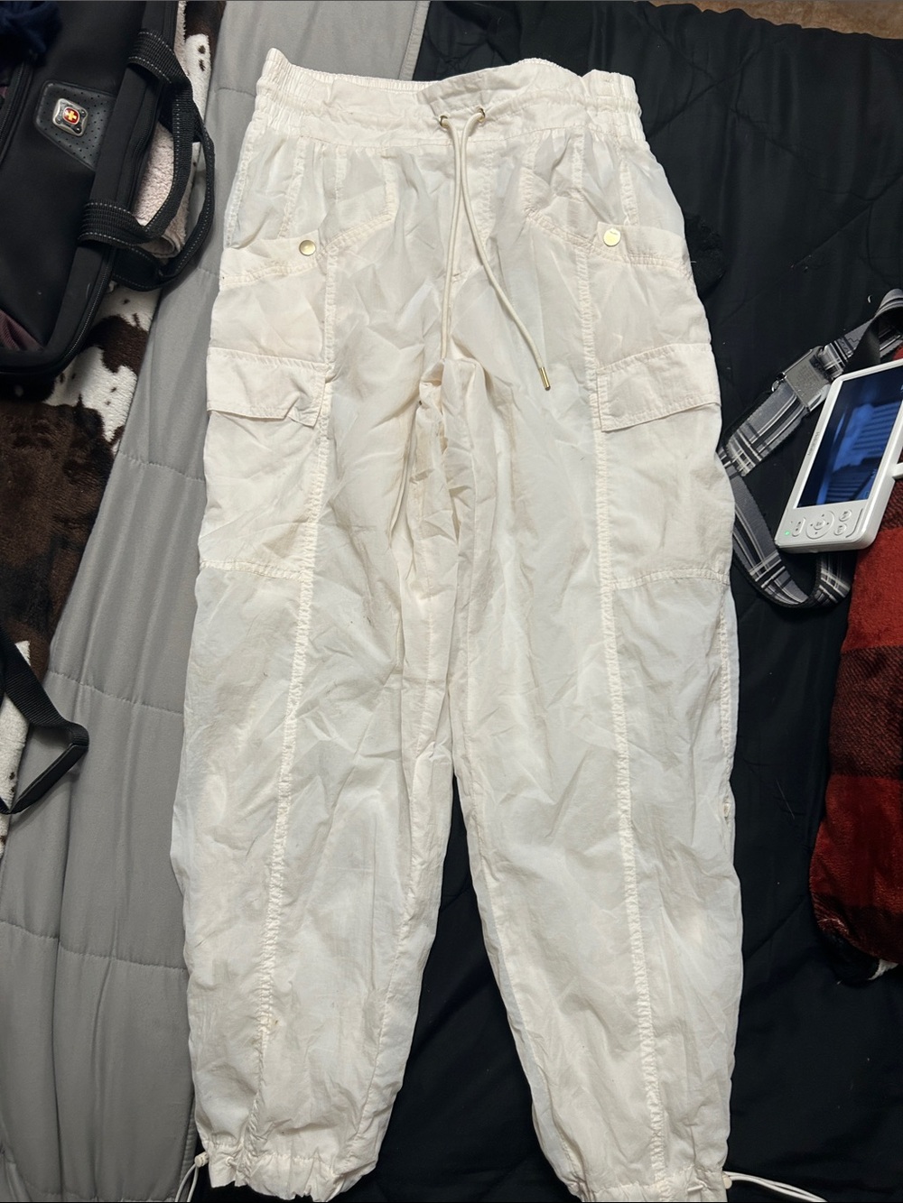 White Cargo Swim Coverup Pants with Drawstring Waist